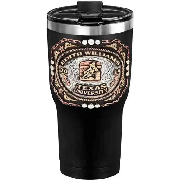 A customized tumbler made of stainless steel with a personalized engraved name and Texas University lettering with barrel racing figure, 30 oz, ideal for coffee or cool drinks